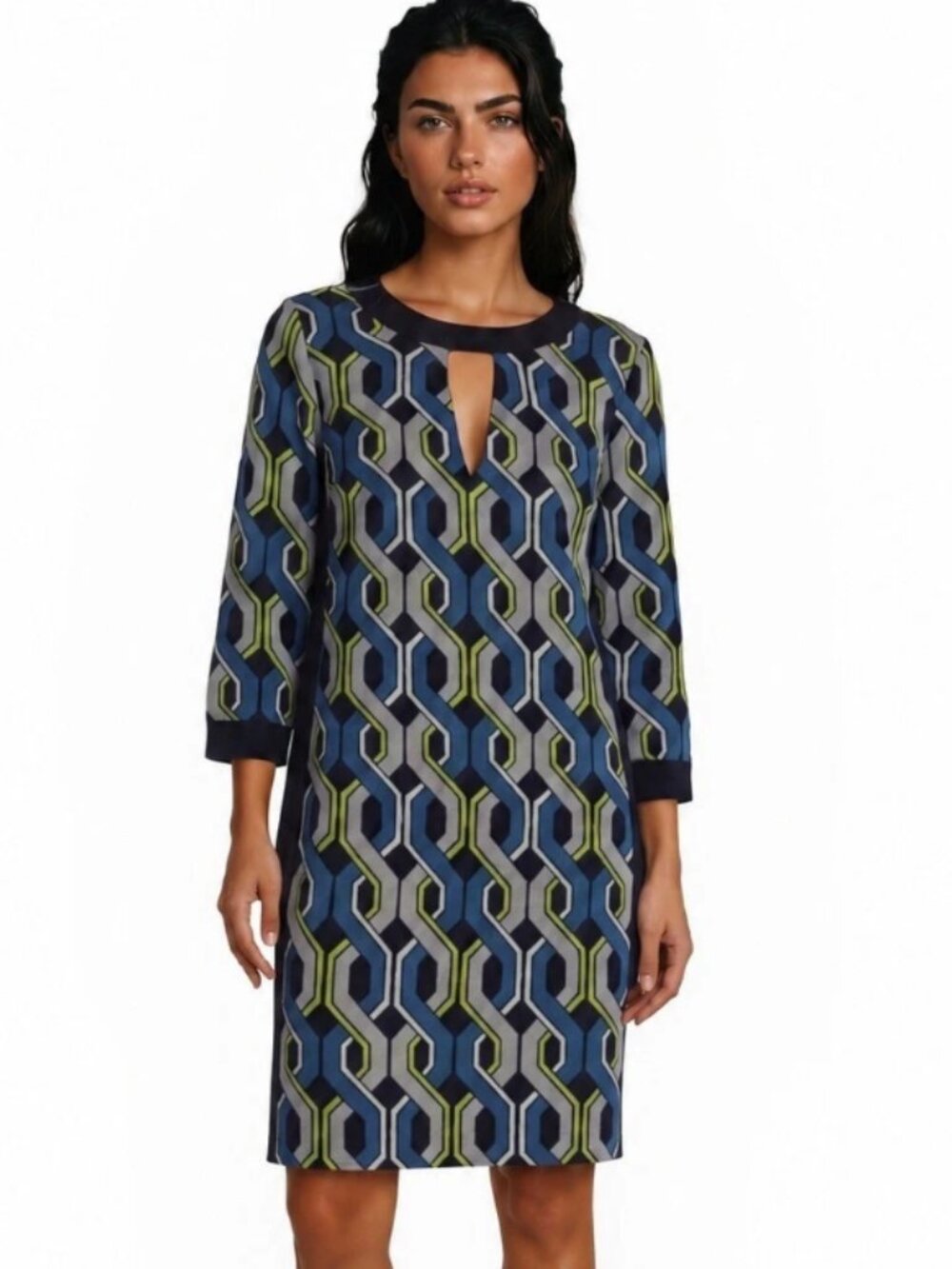 Trina Turk Geometric Shift Dress Blue Grey Women's Size 4 Keyhole Preppy Summer